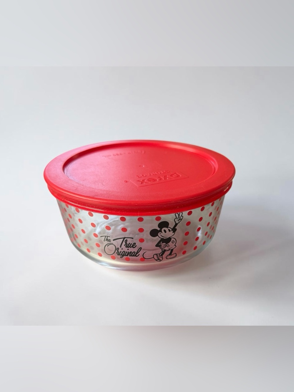 Pyrex Disney Mickey Mouse Glass Storage Bowl True Original with red lid